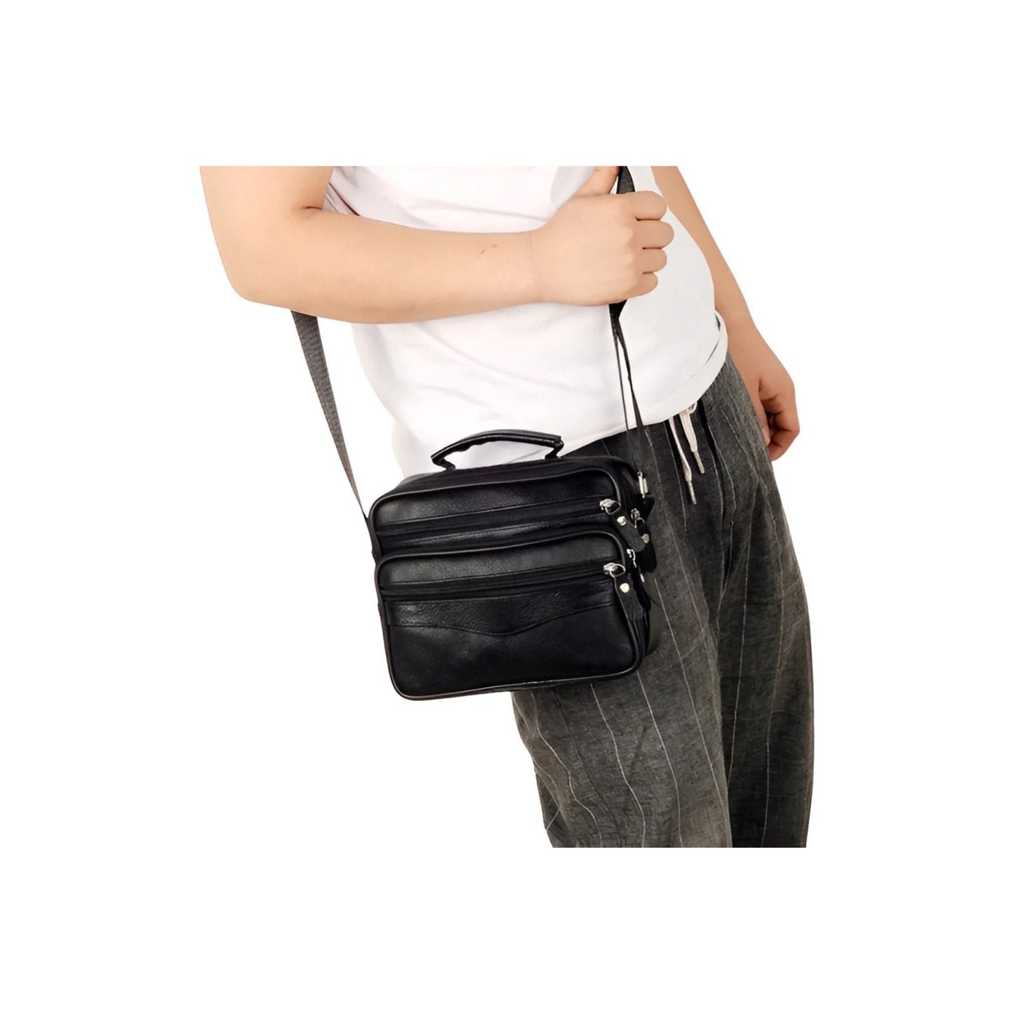 CarryQuest® - Sac bandoulière en cuir pour homme - Sacs à main en cuir de vachette - Noir