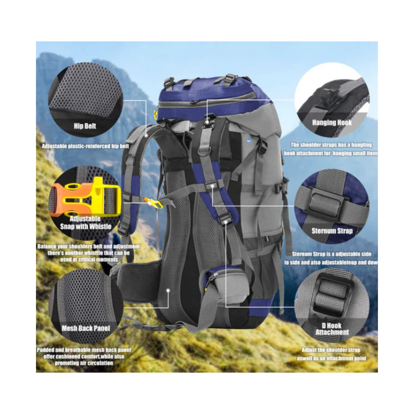 CarryQuest® - 60L - Wandelrugzak - Rugzak - Wandelen - Waterbestendig - Duurzaam - Polyester - Blauw