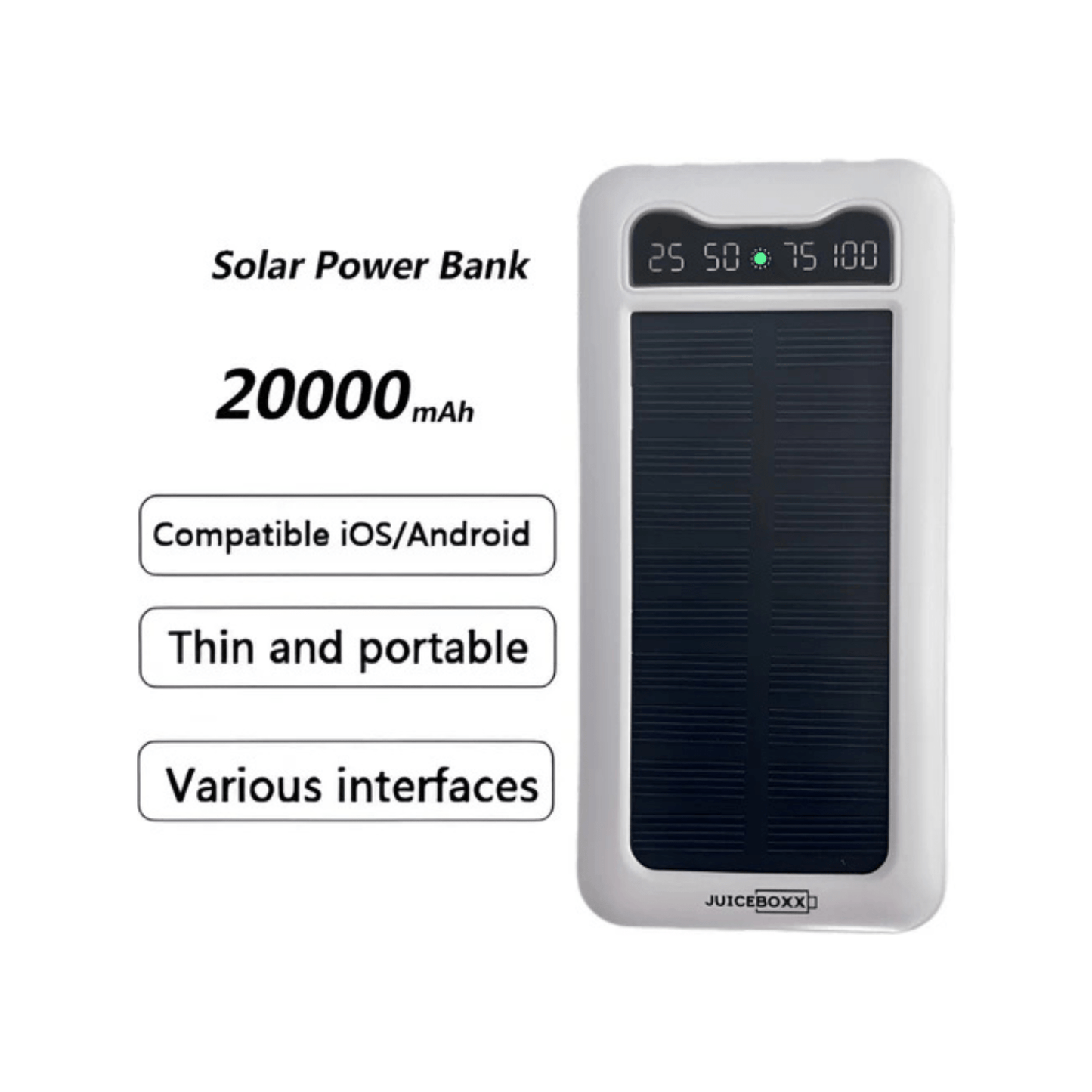 CarryQuest® - 20000mAh - Powerbank Iphone - LED Zaklamp - Powerbanks - Compatibel Iphone, Samsung etc. - Powerbank Zonneenergie - Wit