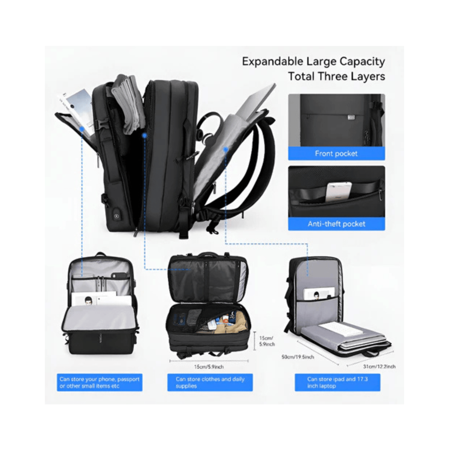 CarryQuest® - Grote Herenrugzak 40L - Laptopvak 17,3" - USB - Laptop Rugzak - Zwart