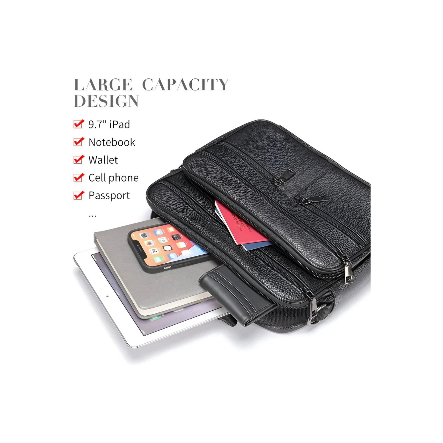 CarryQuest® - Heren Lederen Schoudertas - Koeienhuid Lederen Handtassen - Zwart
