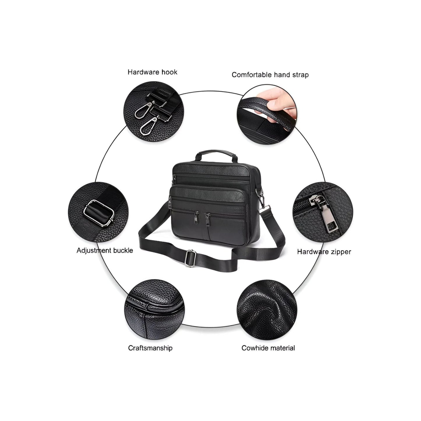 CarryQuest® - Heren Lederen Schoudertas - Koeienhuid Lederen Handtassen - Zwart