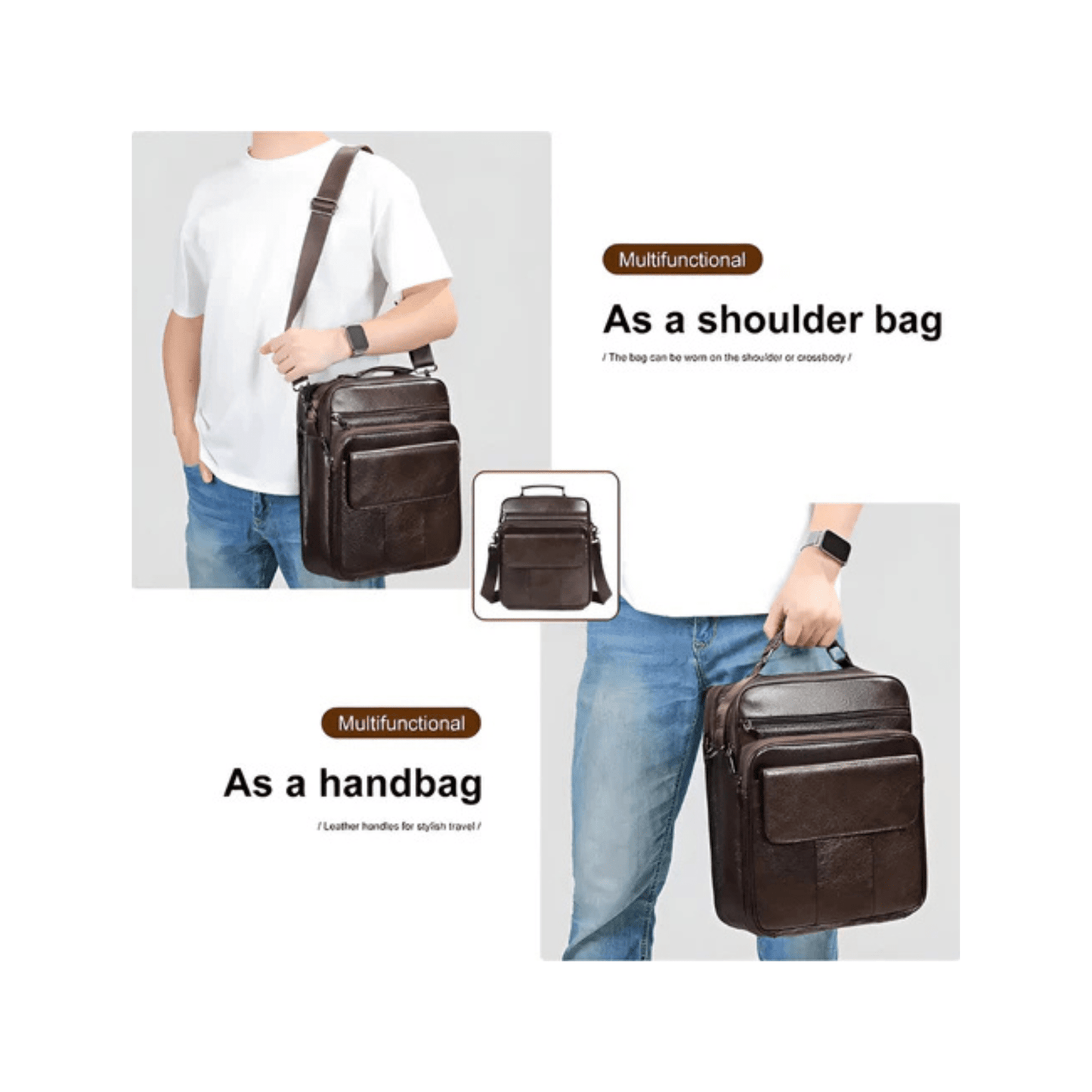 CarryQuest® - Heren Schoudertas - Casual crossbody messenger van leer - Zwart