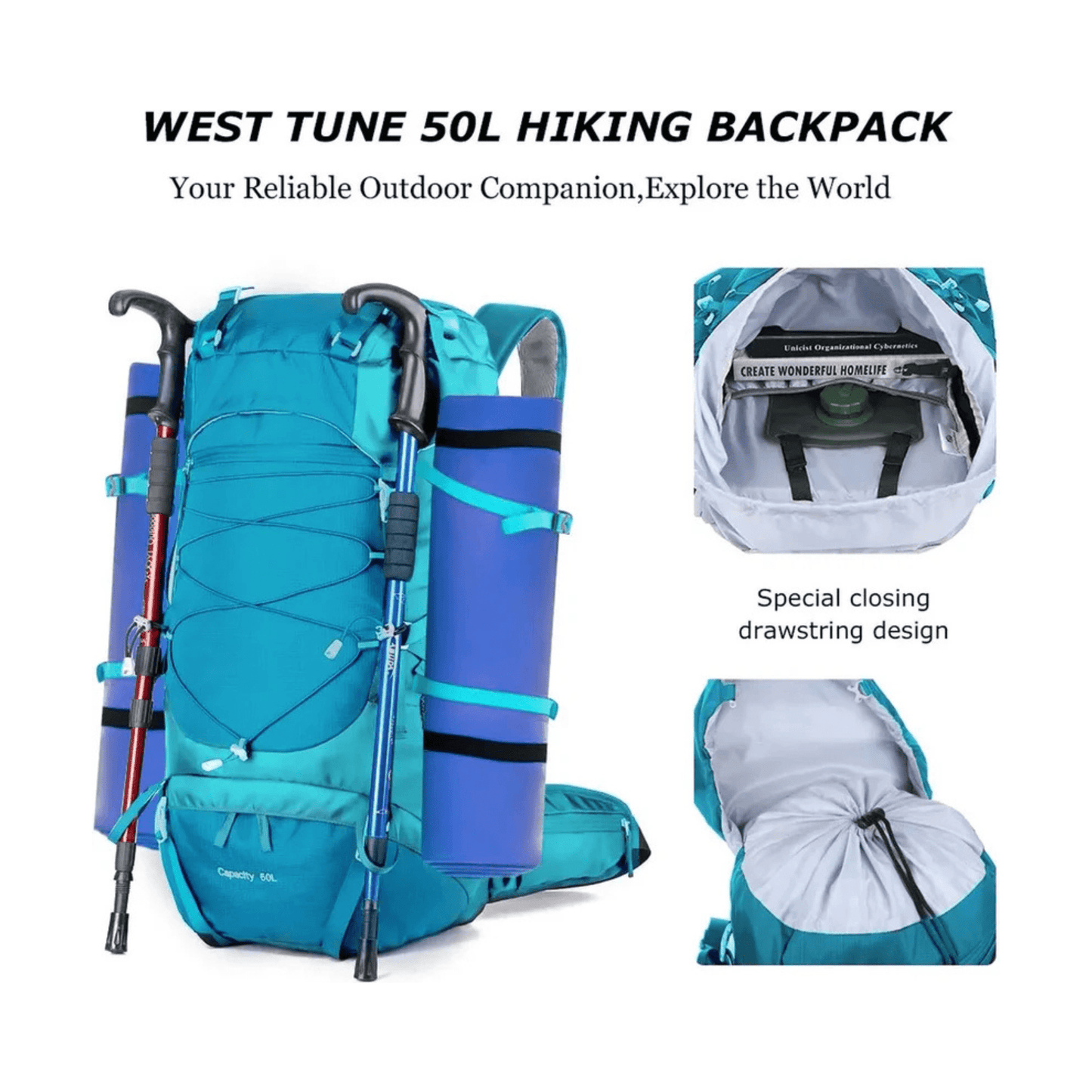CarryQuest® - hiking/Wandel Rugzak - en Ademend - Duurzaam en Lichtgewicht - Licht Blauw