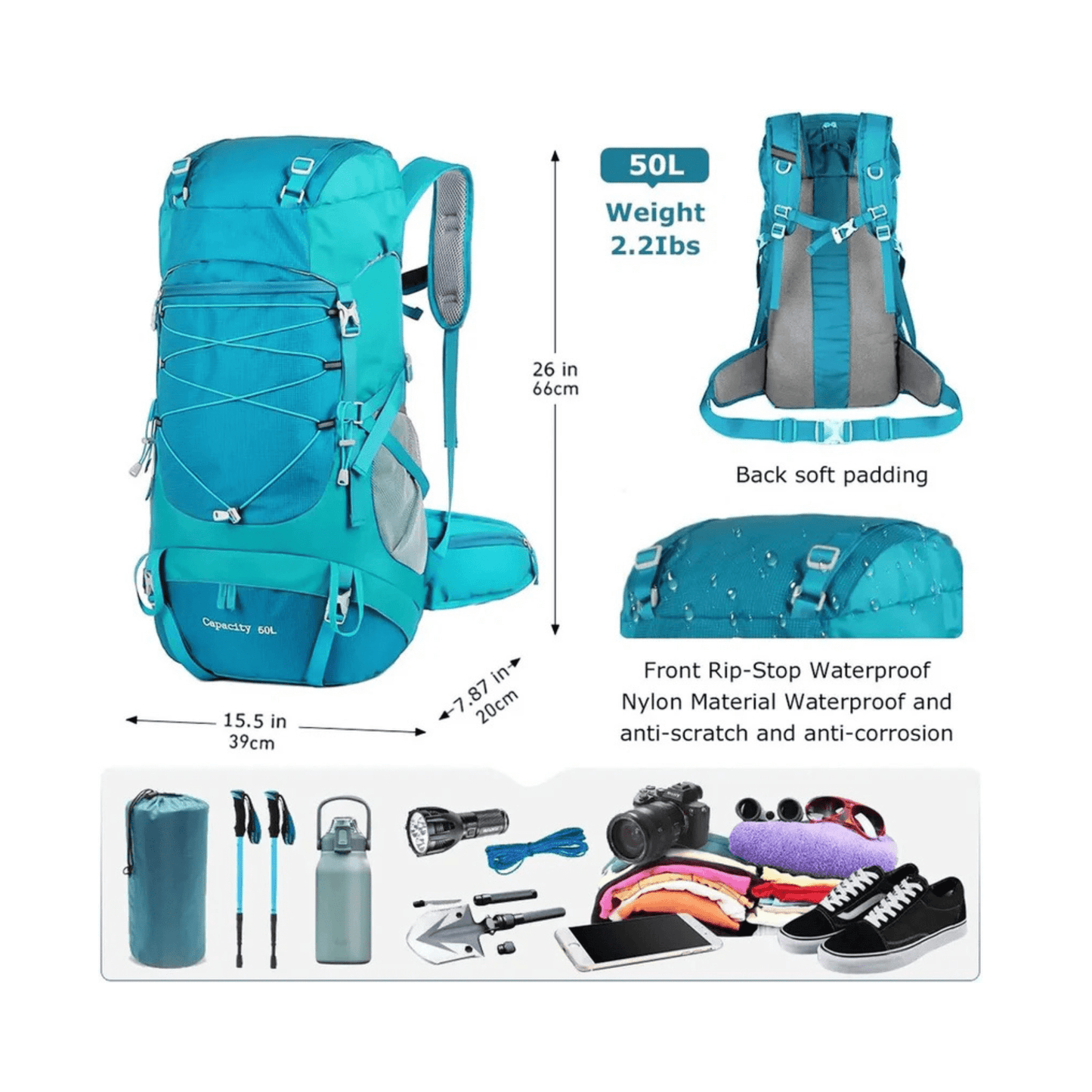 CarryQuest® - hiking/Wandel Rugzak - en Ademend - Duurzaam en Lichtgewicht - Licht Blauw
