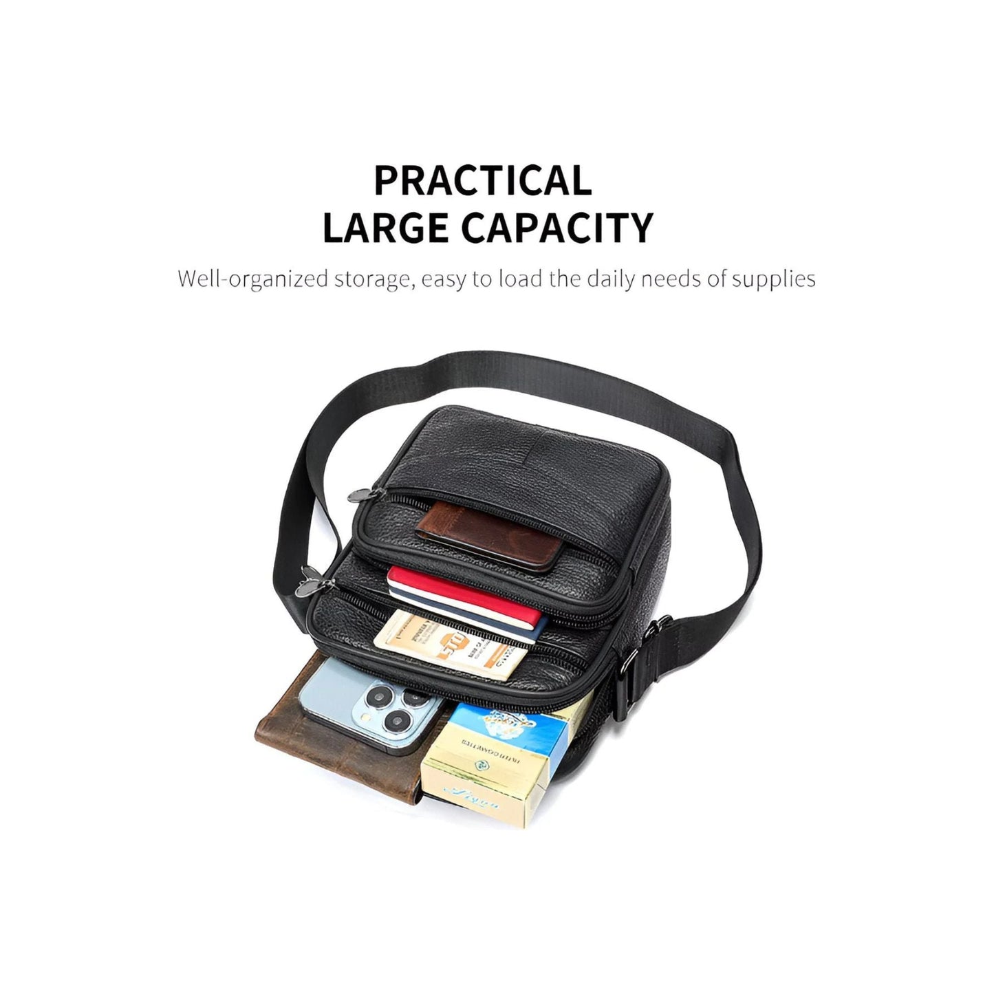 CarryQuest® - Koehuid Schoudertas Heren - Handtassen - Crossbody Tas - Zwart