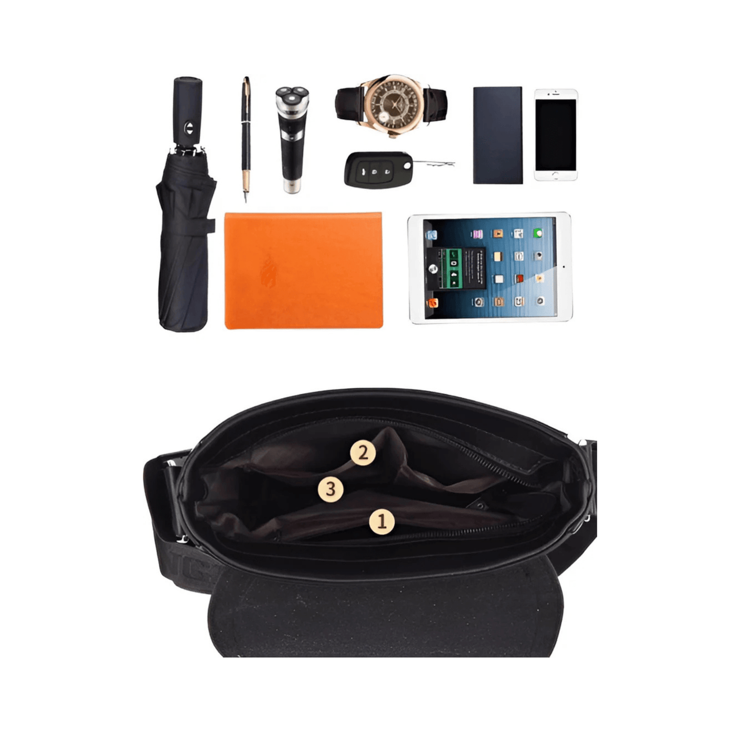 CarryQuest® - Luxe Heren Lederen Schoudertas - Waterdicht Zakelijke Handtas - Zwart