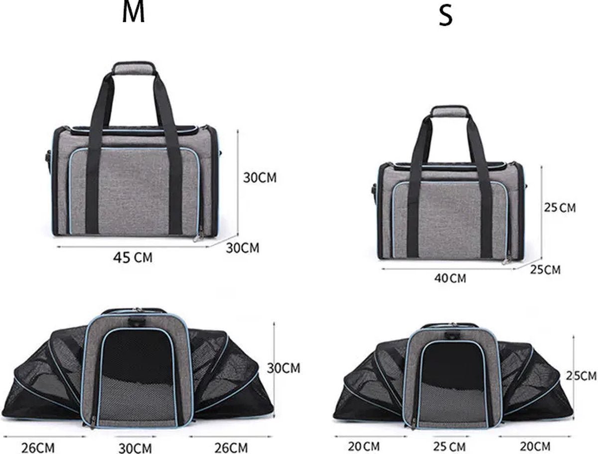 CarryQuest® - Poesen Honden Draagtas - Huisdierendrager Uitbreidbaar - 2 - zijdig - 46x25x25cm - Luchtvaartmaatschappij Goedgekeurd - Grijs - Blauw