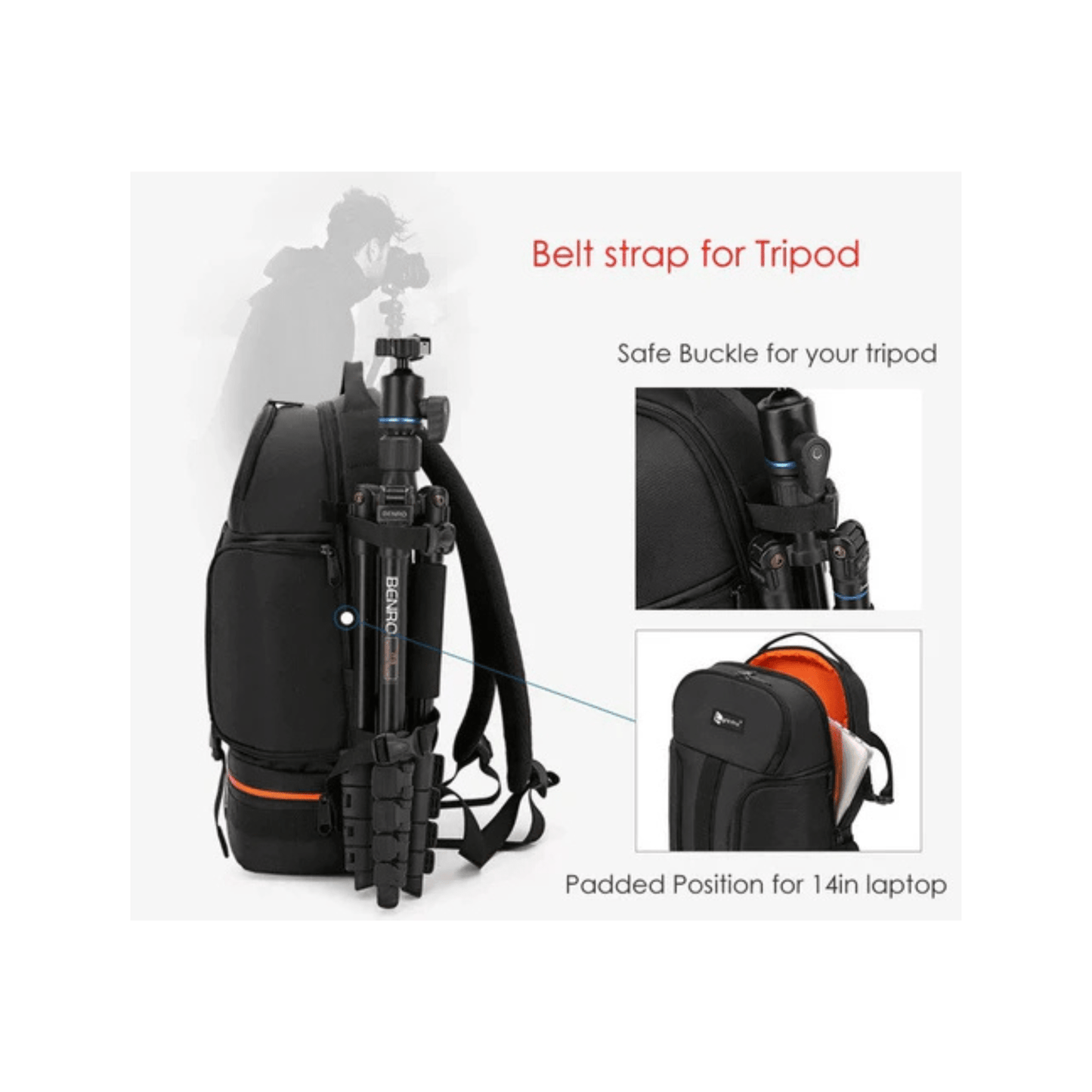 CarryQuest® Professionele Waterdichte Camera Schouders Rugzak - DSLR + 3 Lenzen + 2 Statieven - Oranje
