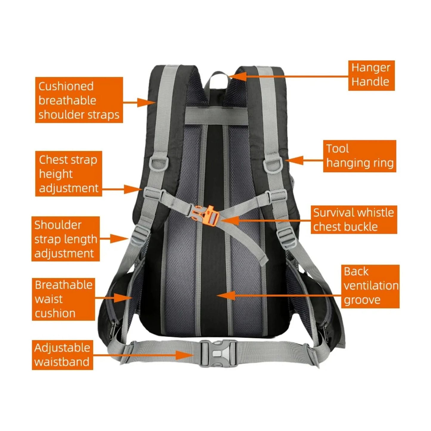CarryQuest® - Rugzak - Waterzak - Wandel rugzak - Regenhoes - 35L - 2L - Waterzak Wandelen - Zwart