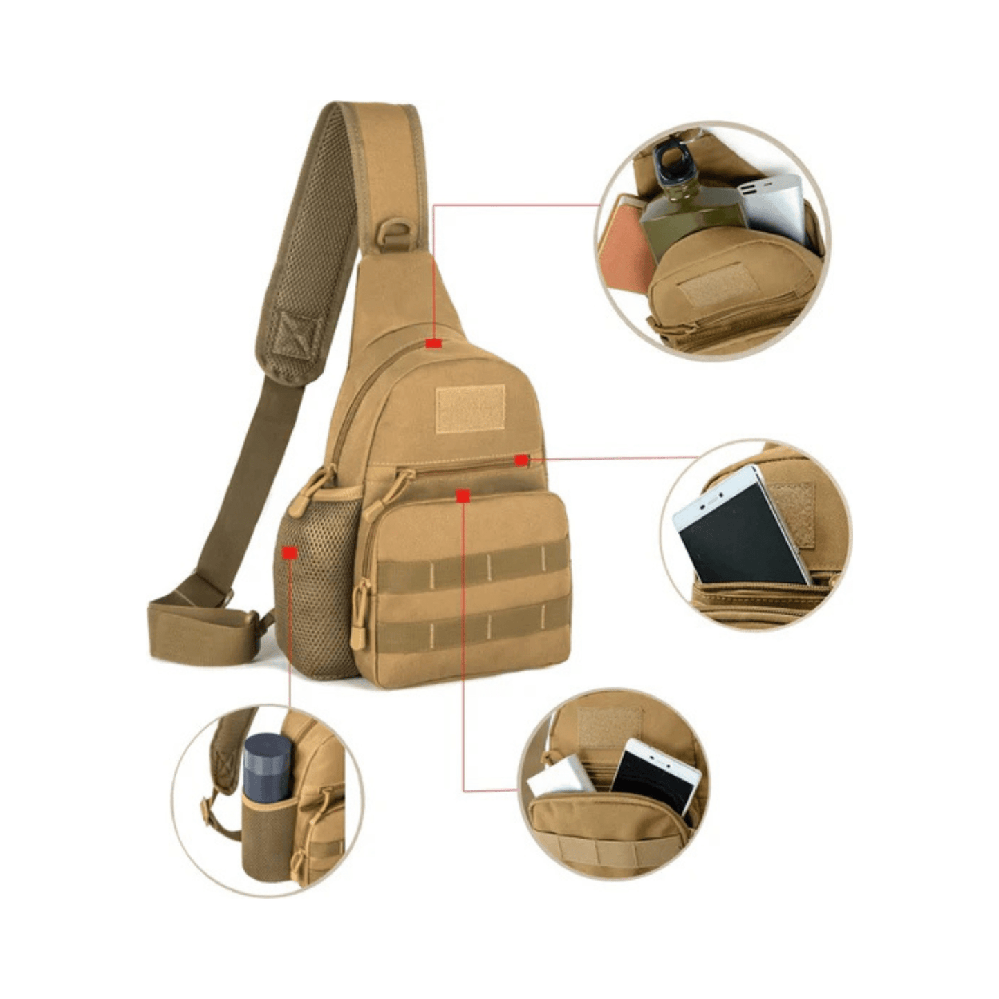 CarryQuest® - Tactische Rugzakschoudertas - Militaire 600D Oxford - stof - Ruim hoofdcompartiment - Verstelbare borst - en heupgordelsluiting - Khaki