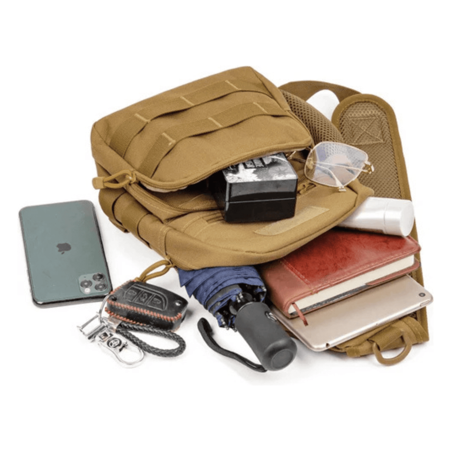 CarryQuest® - Tactische Rugzakschoudertas - Militaire 600D Oxford - stof - Ruim hoofdcompartiment - Verstelbare borst - en heupgordelsluiting - Khaki