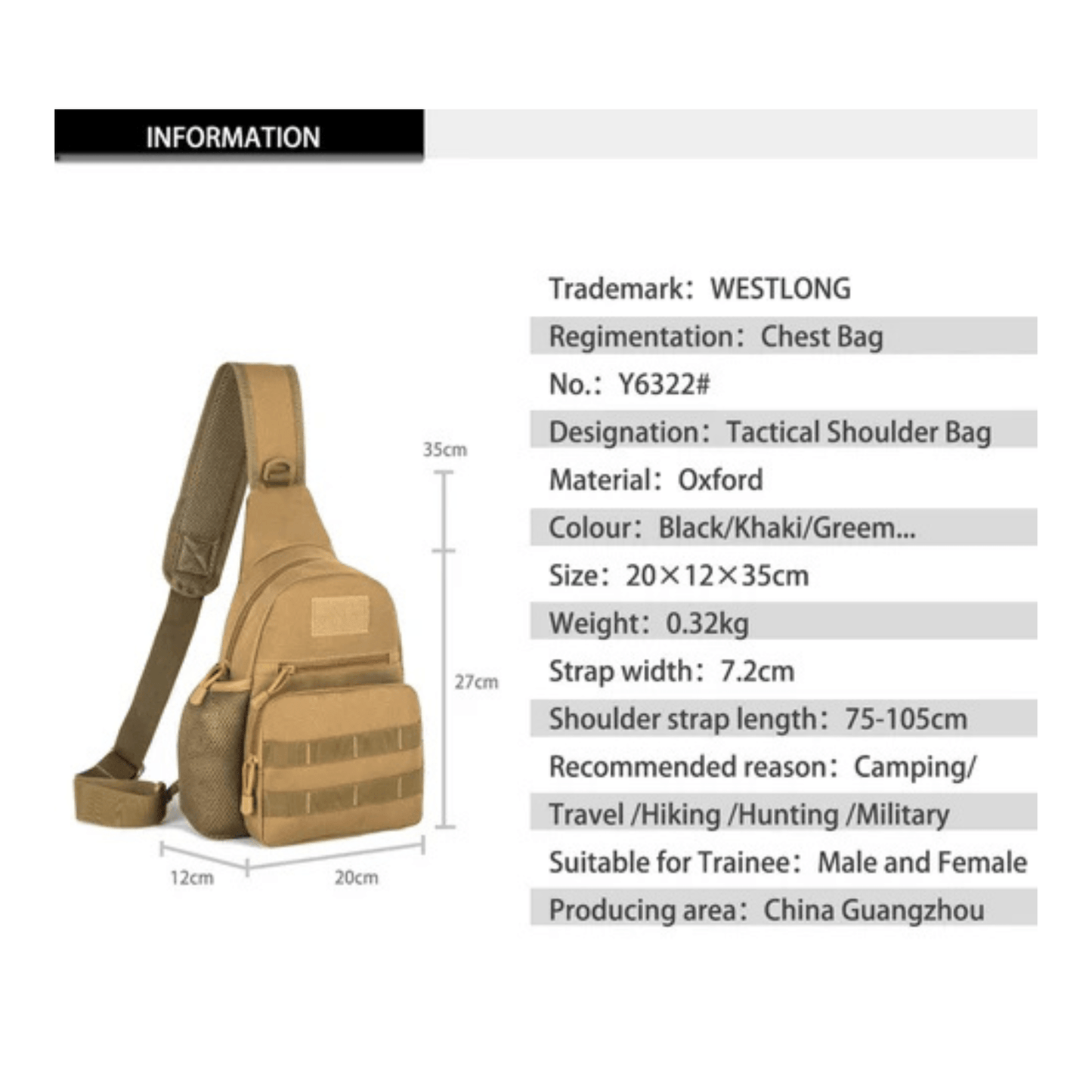 CarryQuest® - Tactische Rugzakschoudertas - Militaire 600D Oxford - stof - Ruim hoofdcompartiment - Verstelbare borst - en heupgordelsluiting - Khaki