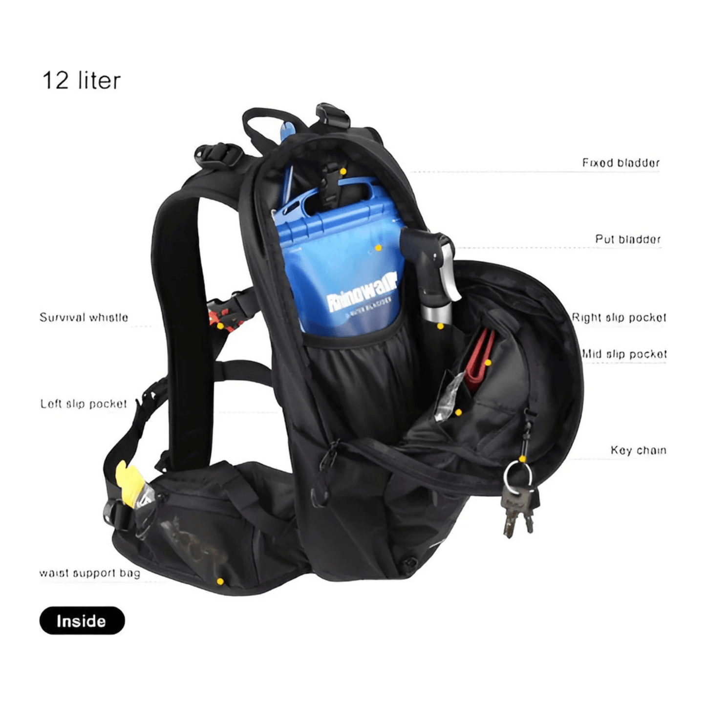 CarryQuest® - Wandel Rugzak 12L - Waterdicht - Backpack Fietsen - Waterzak - Zwart