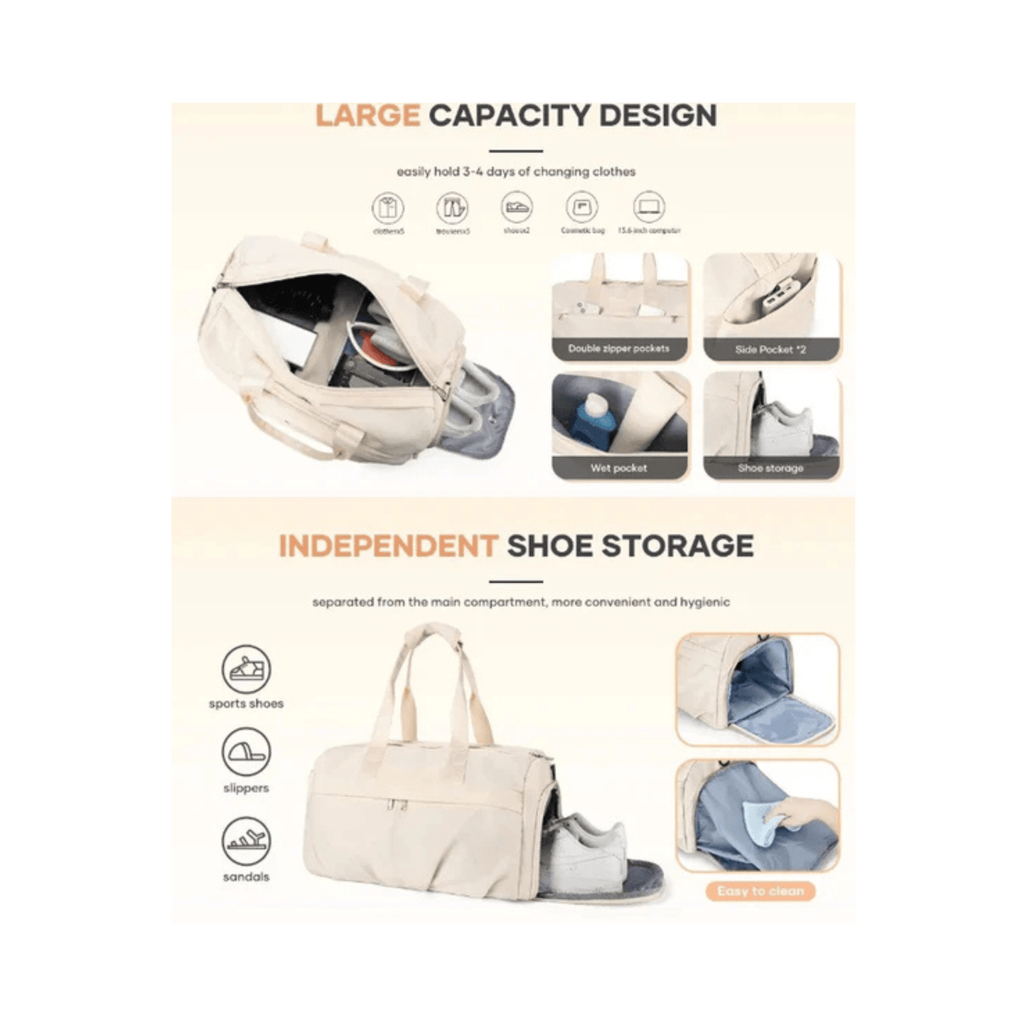CarryQuest® - Weekendtas - Sporttas - Waterdicht Nylon - Georganiseerd en Stijlvol - Beige