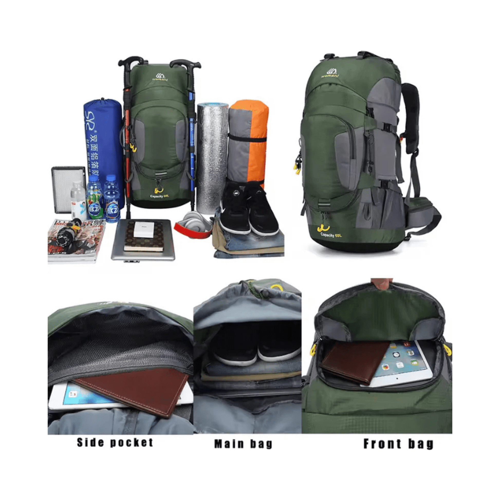 CarryQuest® - 60L - Wandelrugzak - Rugzak - Wandelen - Waterbestendig - Duurzaam - Polyester - Groen