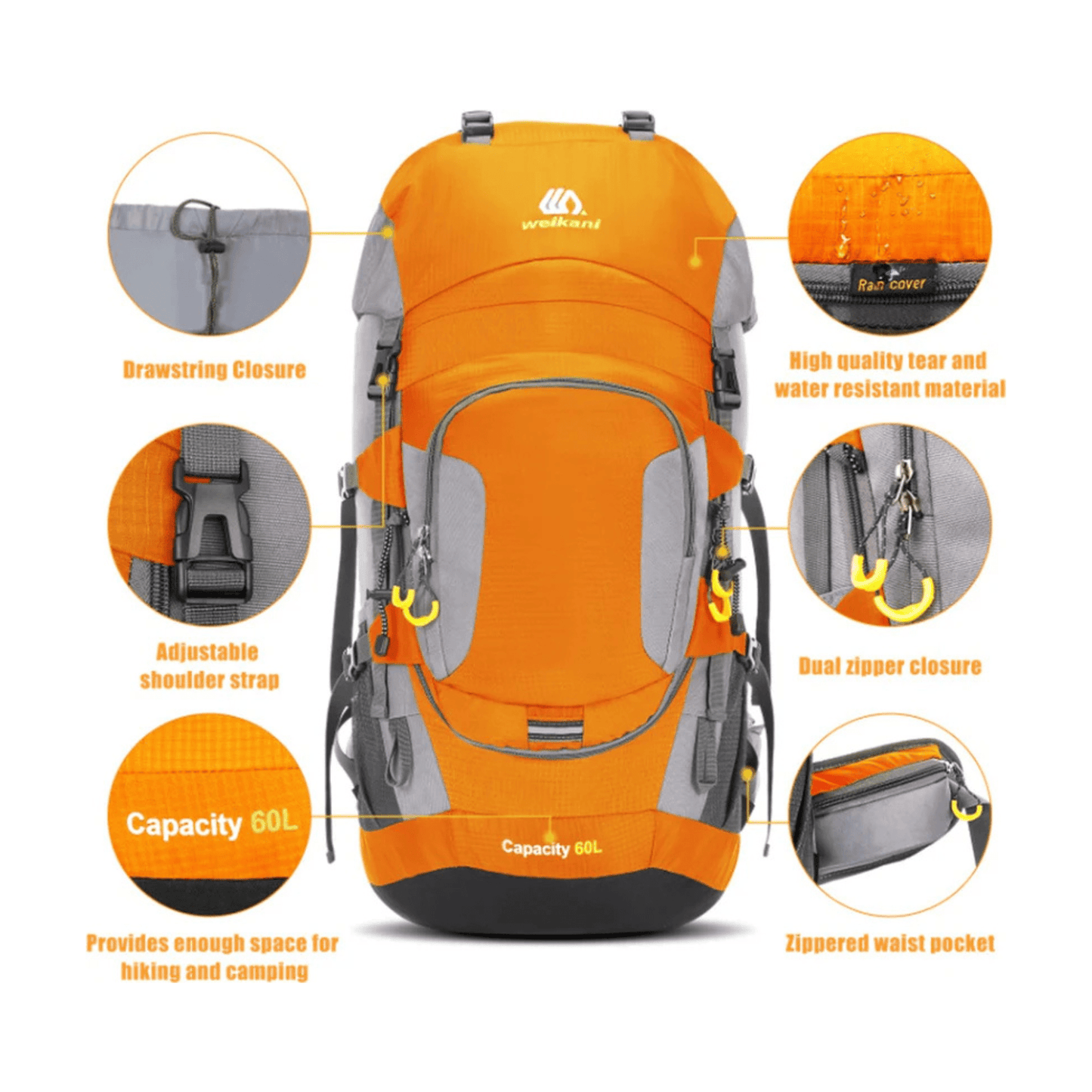 CarryQuest® - 60L - Wandelrugzak - Rugzak - Wandelen - Waterbestendig - Duurzaam - Polyester - Oranje
