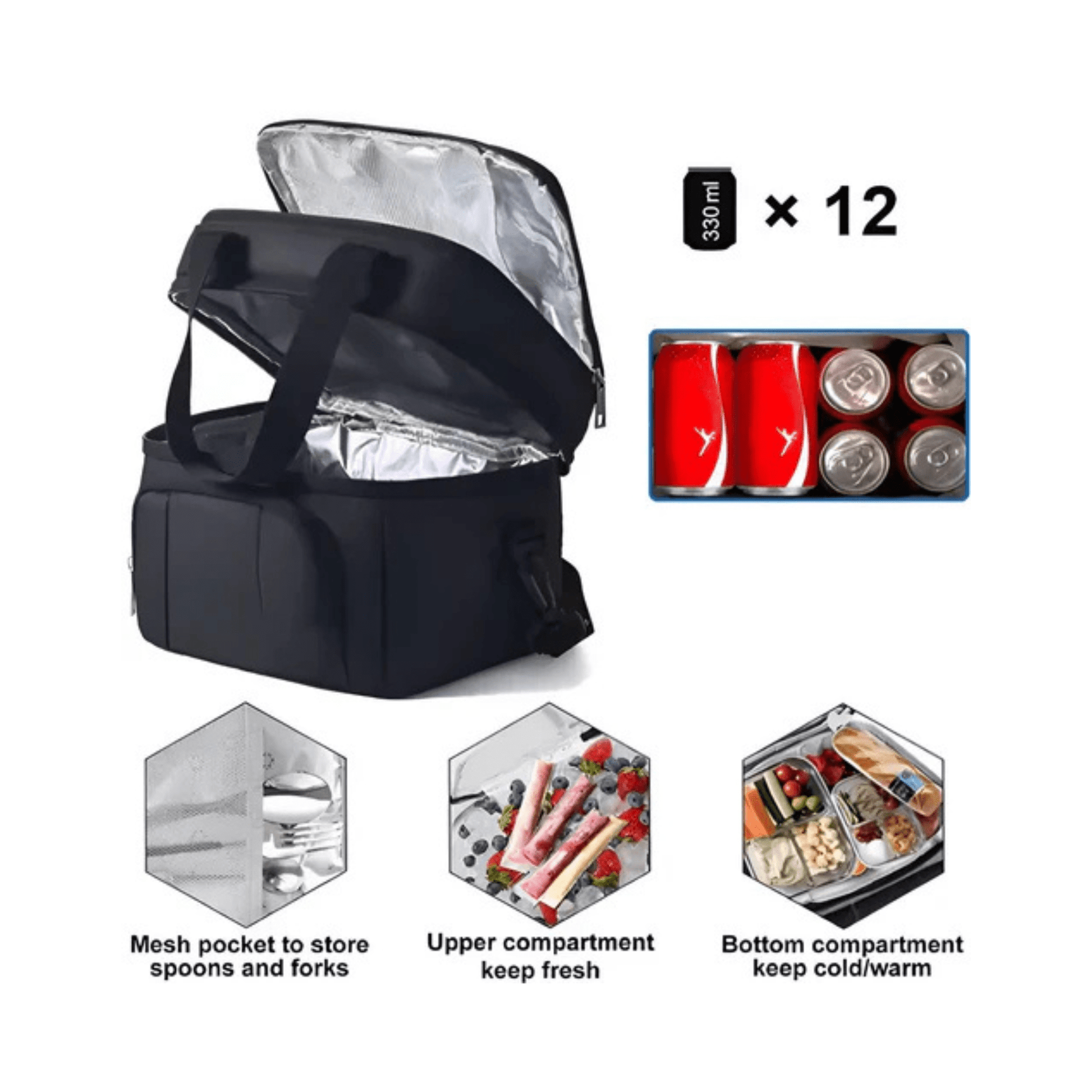 CarryQuest® - Geïsoleerde Lunchtas - Dubbel Compartiment + 8 Uur Isolatie - Thermische Lunchbox - Zwart