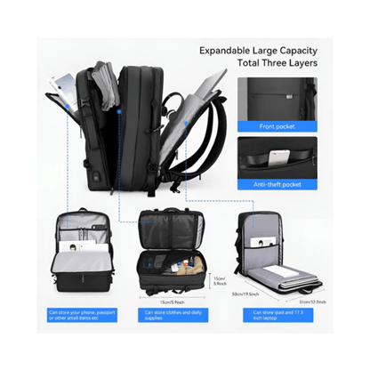 CarryQuest® - Grote Herenrugzak 40L - Laptopvak 17,3" - USB - Laptop Rugzak - Zwart