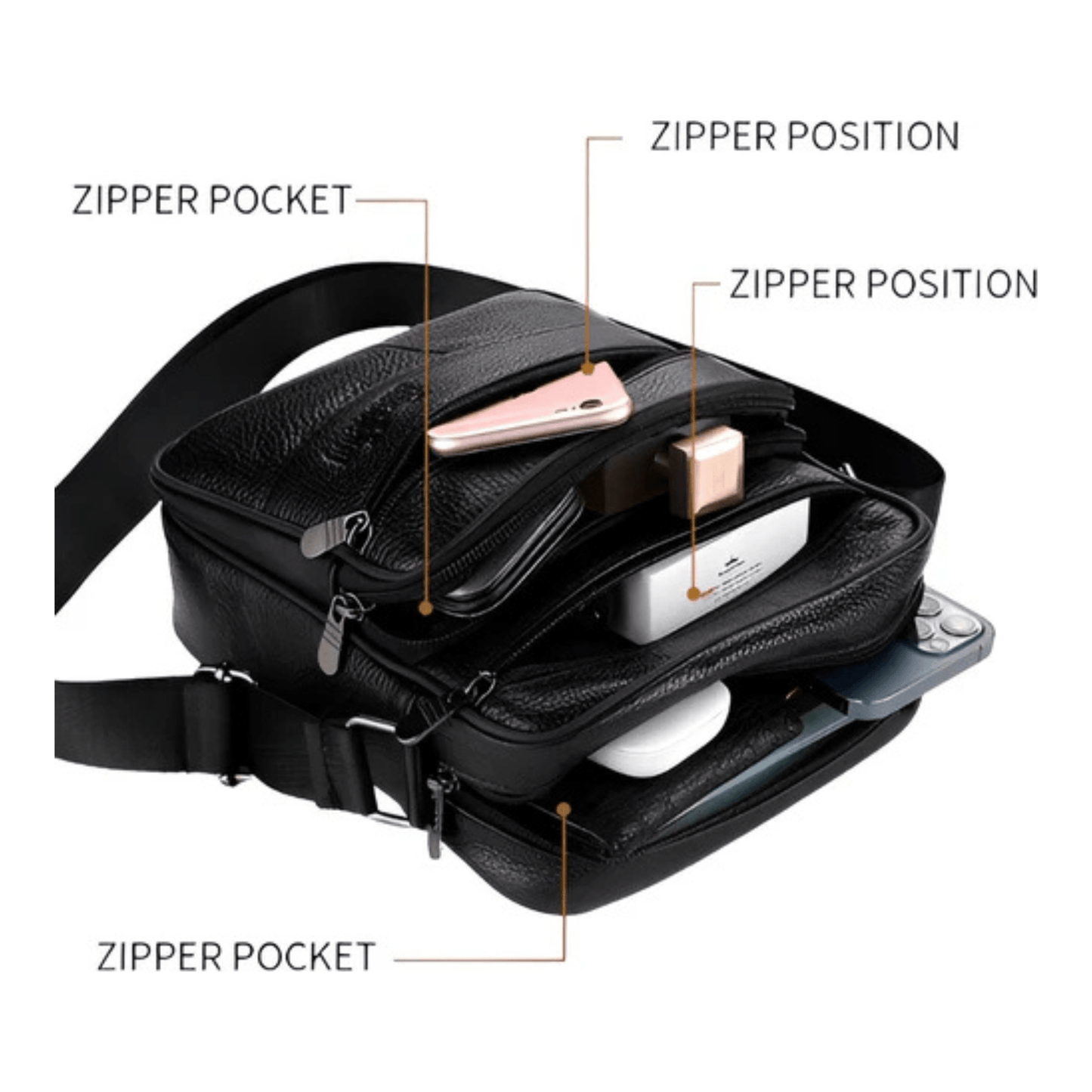 CarryQuest® - Heren Lederen Schoudertas - Echt Leder - Zwart