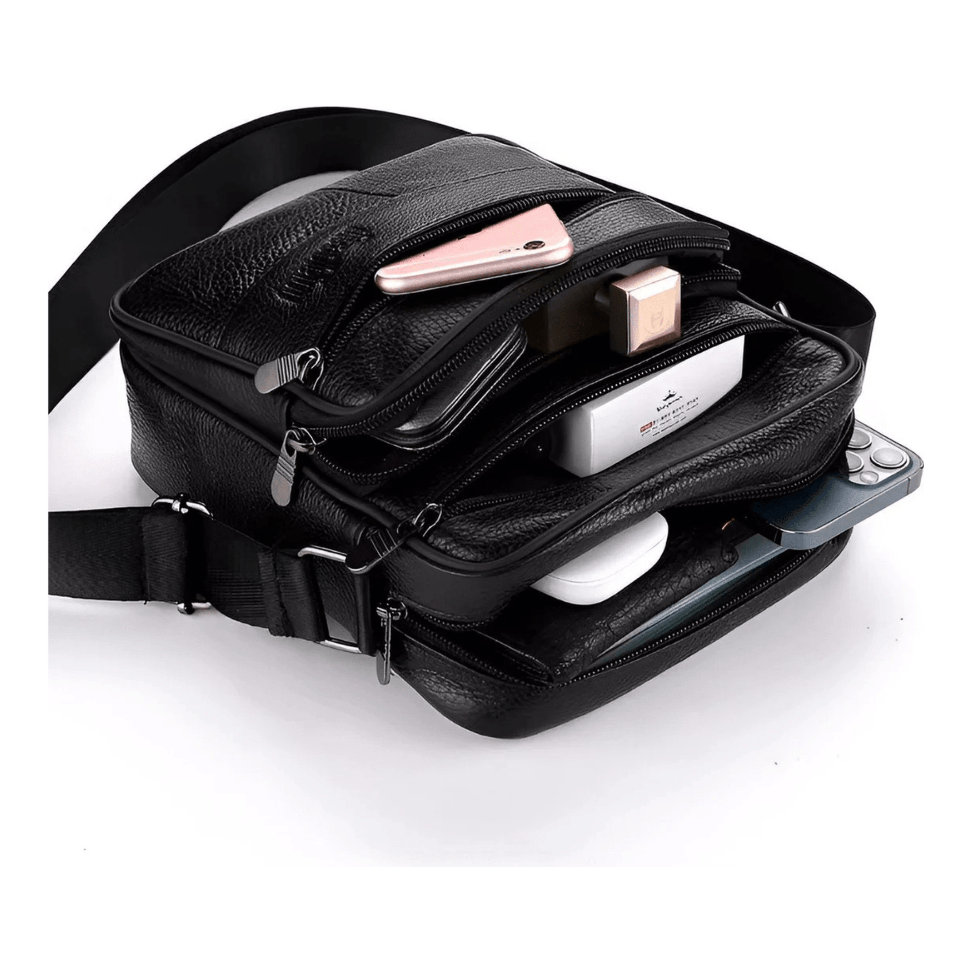 CarryQuest® - Heren Lederen Schoudertas - Echt Leder - Zwart