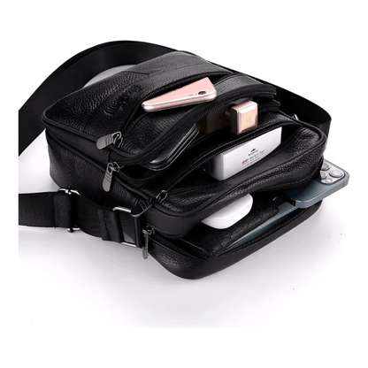 CarryQuest® - Heren Lederen Schoudertas - Echt Leder - Zwart