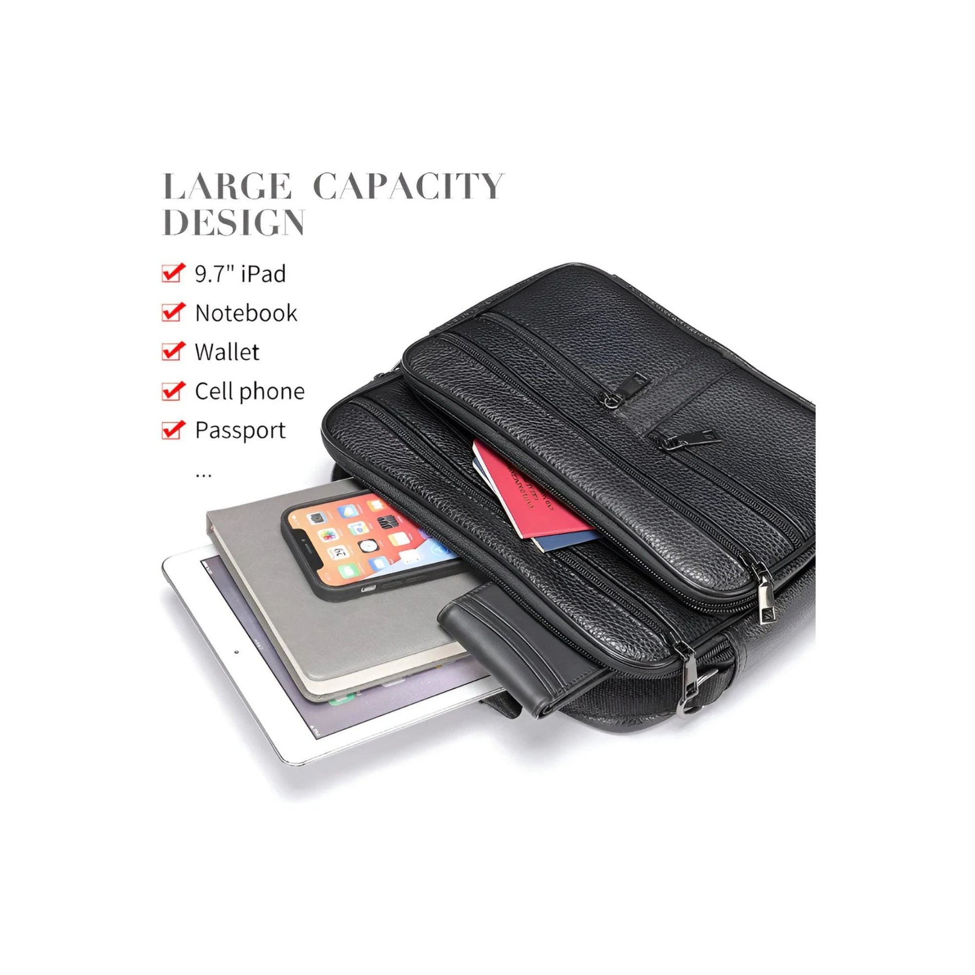CarryQuest® - Heren Lederen Schoudertas - Koeienhuid Lederen Handtassen - Zwart