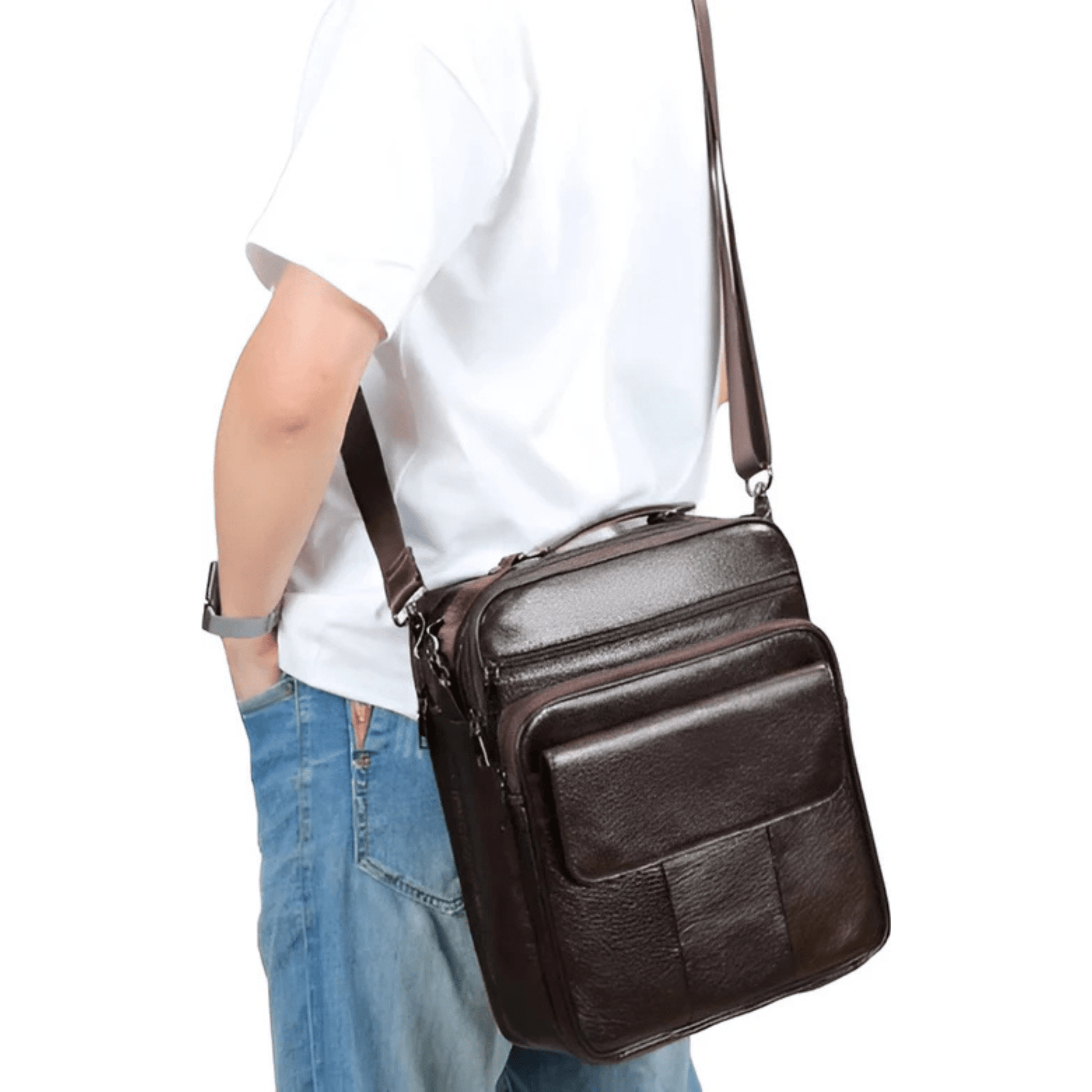 CarryQuest® - Heren Schoudertas - Casual crossbody messenger van leer - Koffee