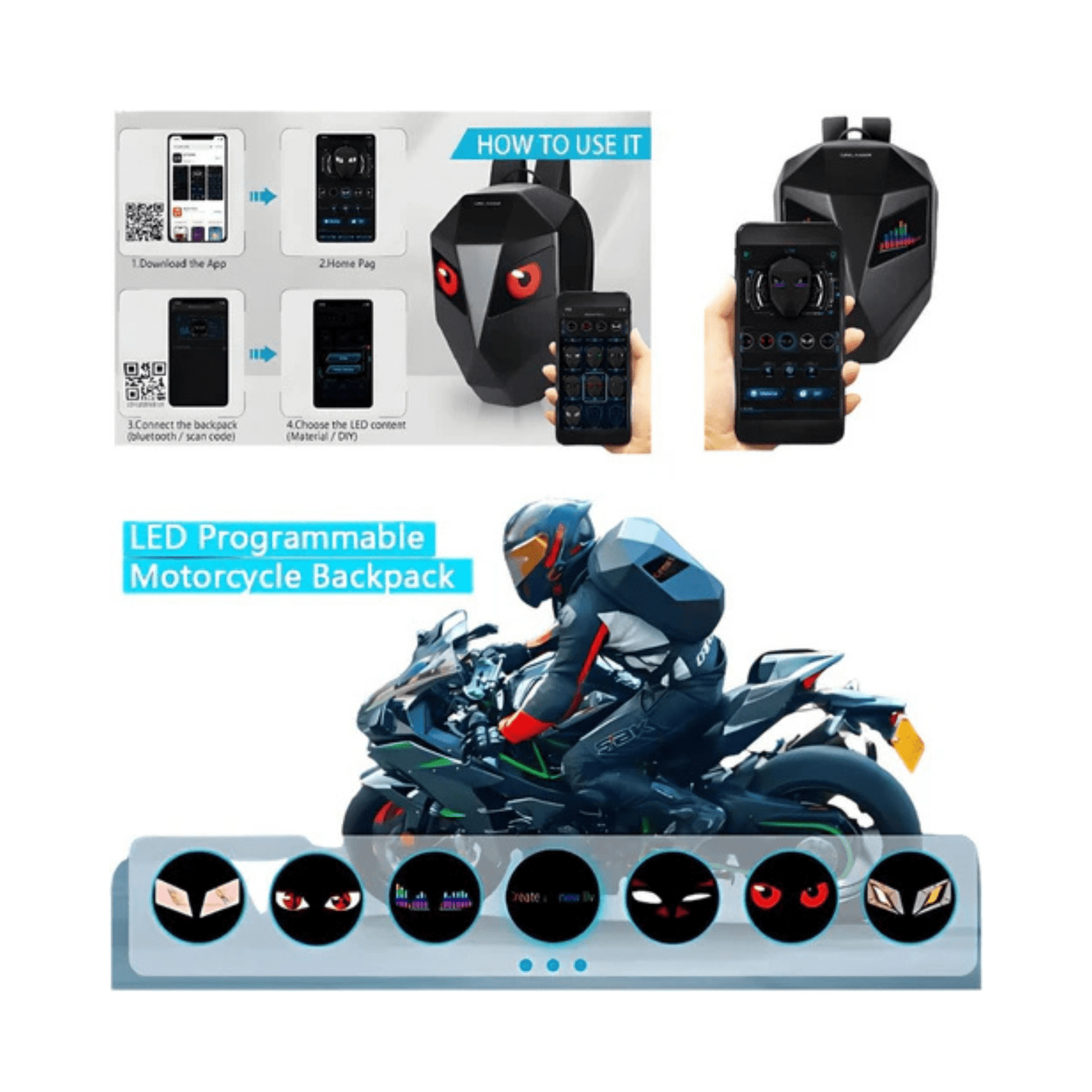 CarryQuest® - LED - rugzak met - Maat L - Compatibel met Motor helm - Zwart