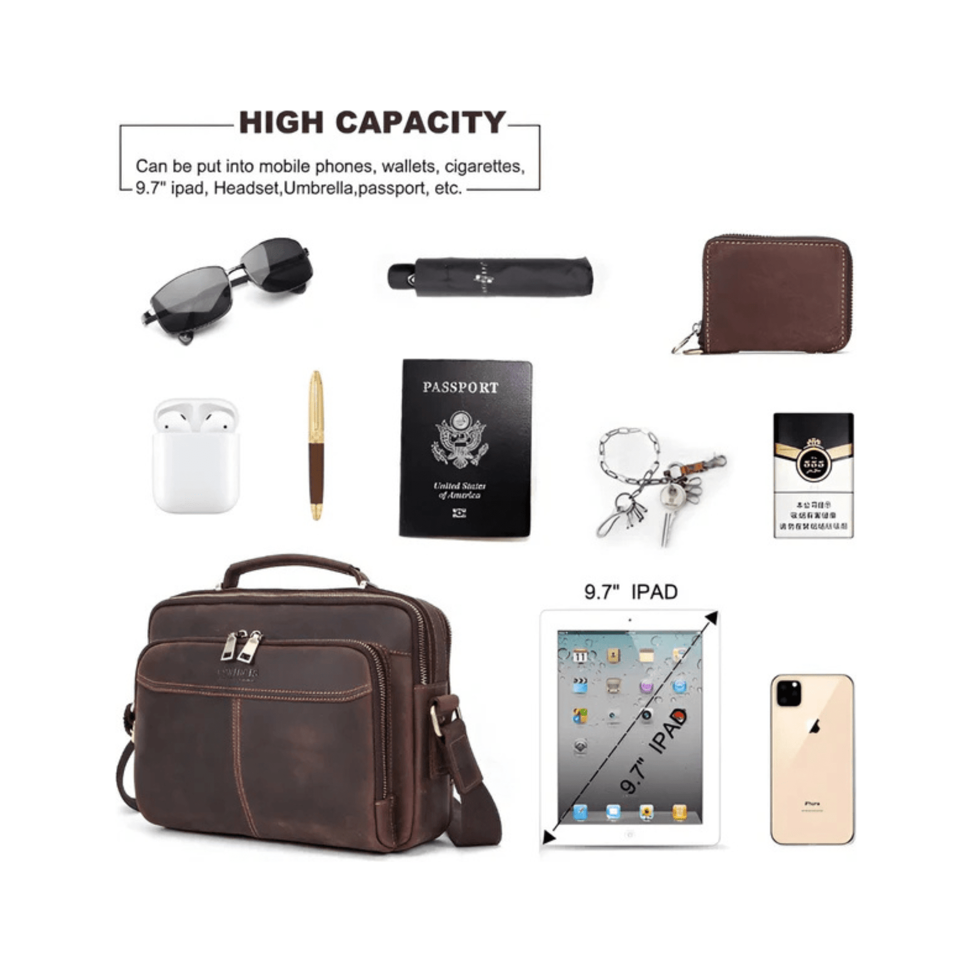 CarryQuest® - Leren Heren Schoudertas - Grote Capaciteit Handtassen - Koerierstas - Zwart