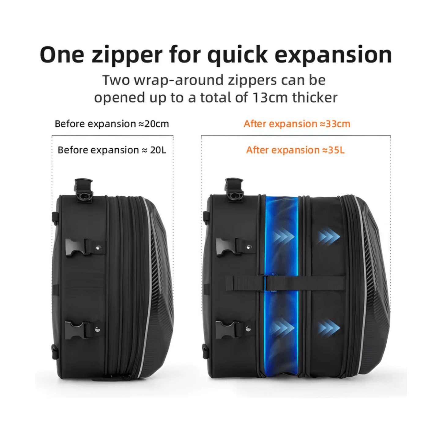 CarryQuest® - Motor Rugzak - Zadeltas Motor - Motorrugzak - Uitbreidbaar van 20 tot 35L - Zwart