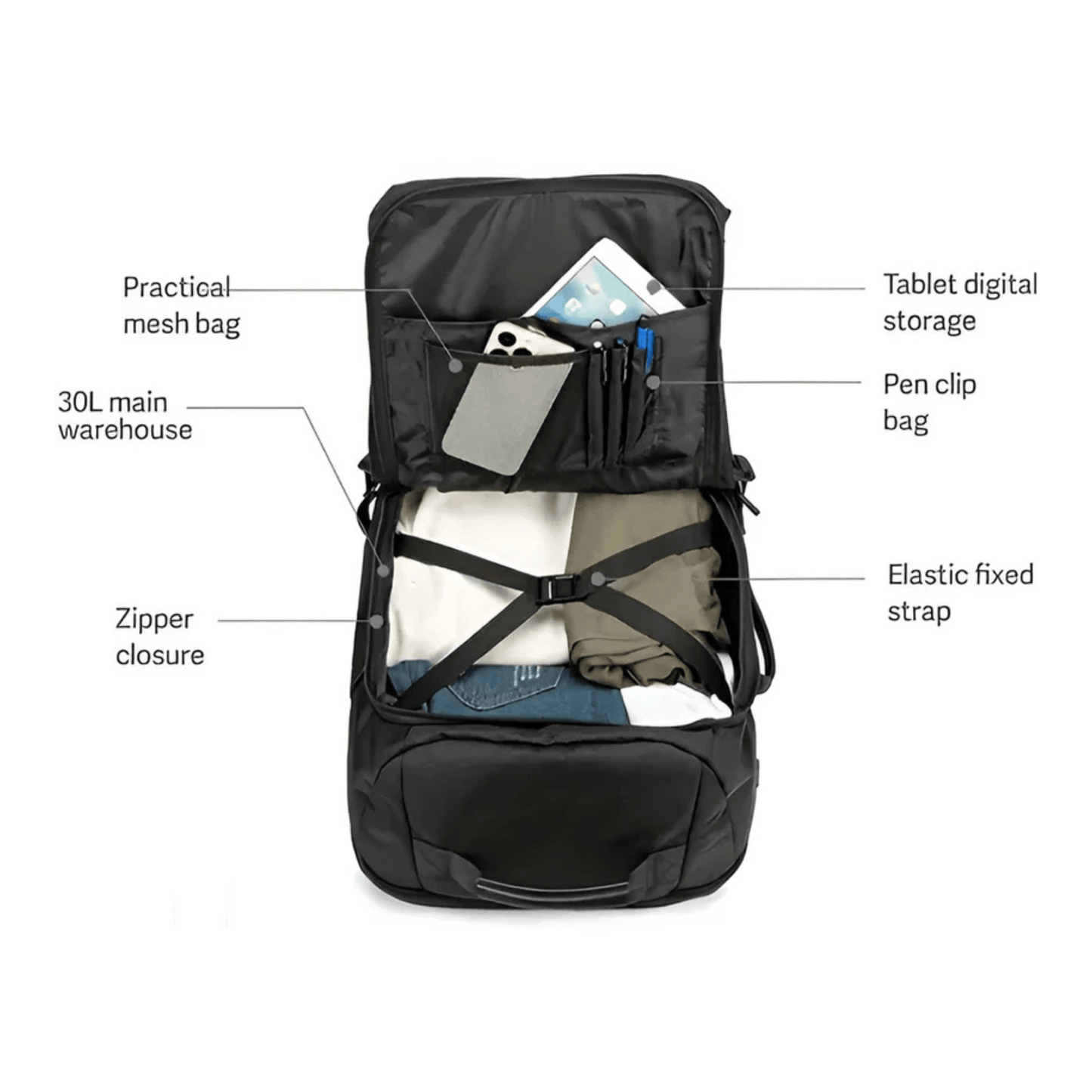 CarryQuest® - Reisrugzak 30L - Waterbestendig - Nylon - Handbagage hand - Zwart