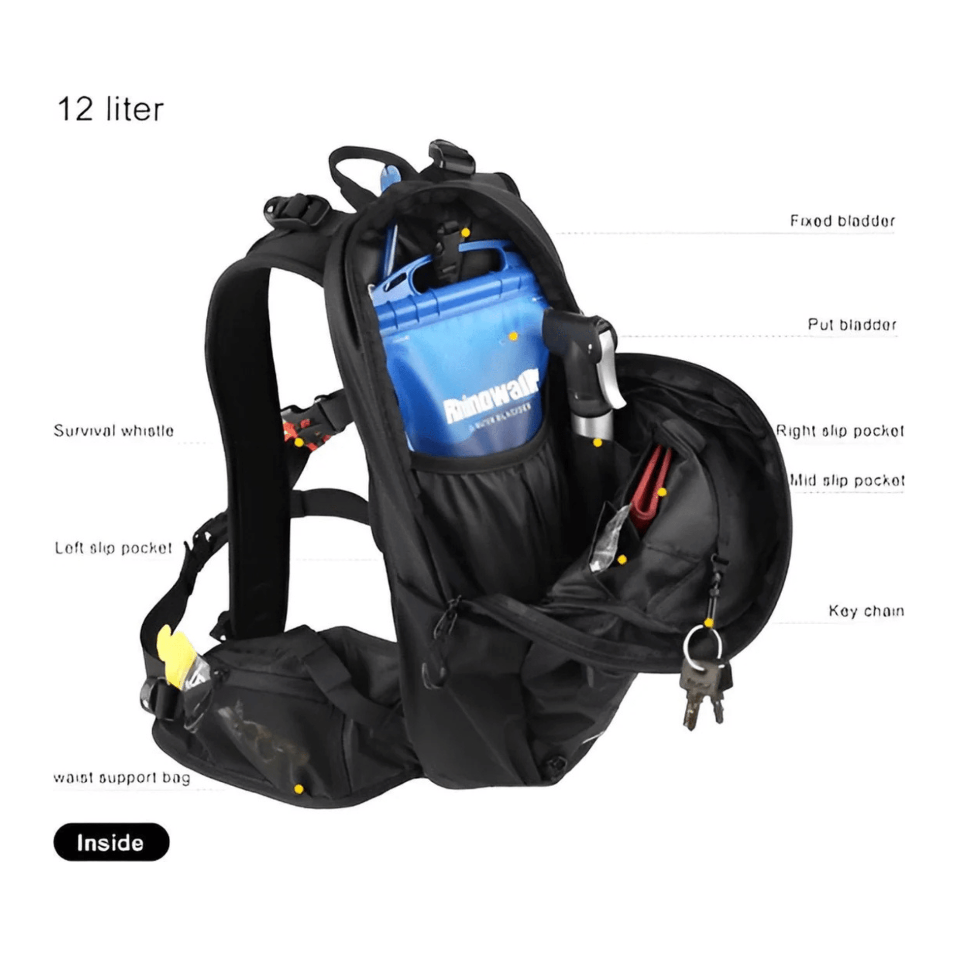 CarryQuest® - Wandel Rugzak 12L - Waterdicht - Backpack Fietsen - Waterzak - Zwart