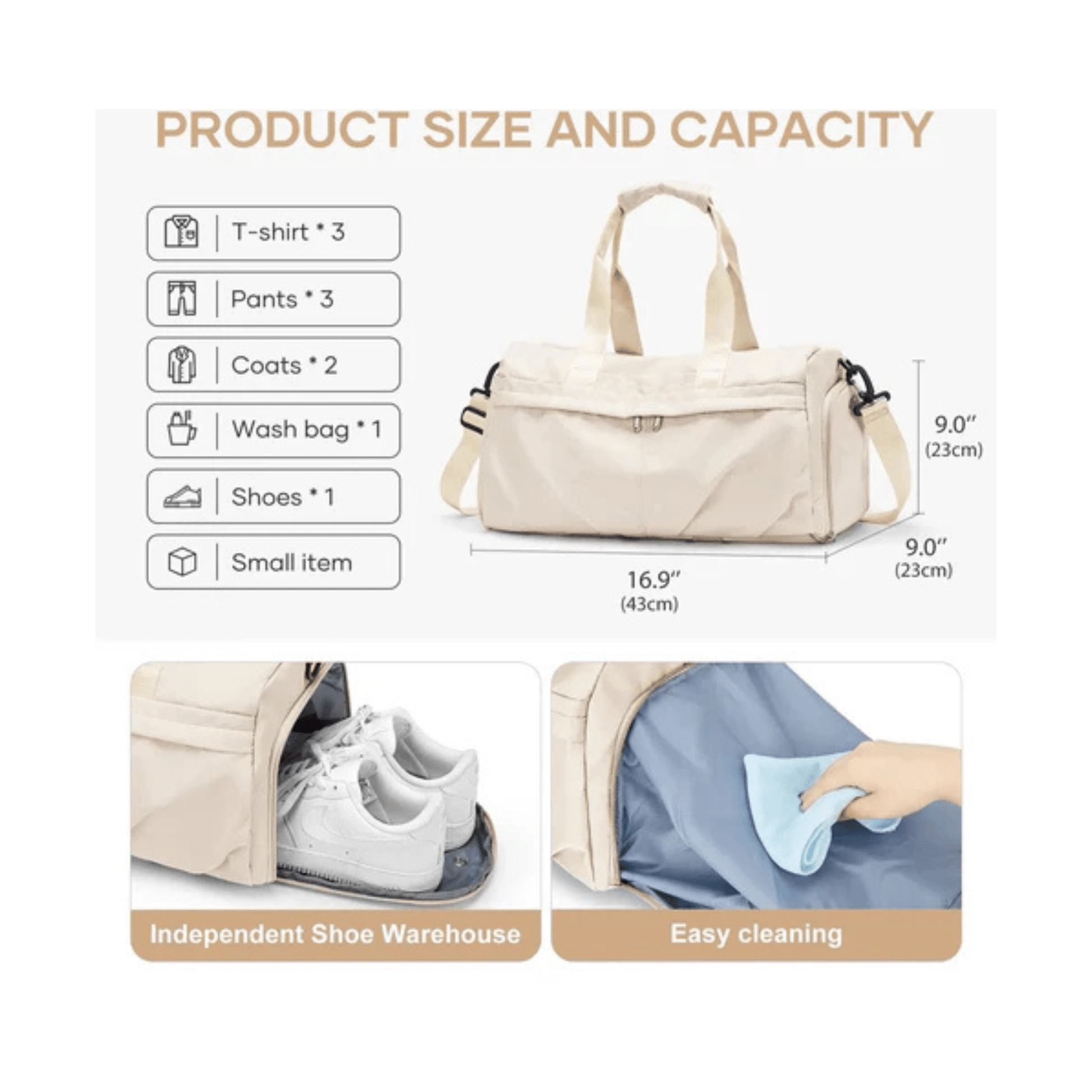 CarryQuest® - Weekendtas - Sporttas - Waterdicht Nylon - Georganiseerd en Stijlvol - Beige