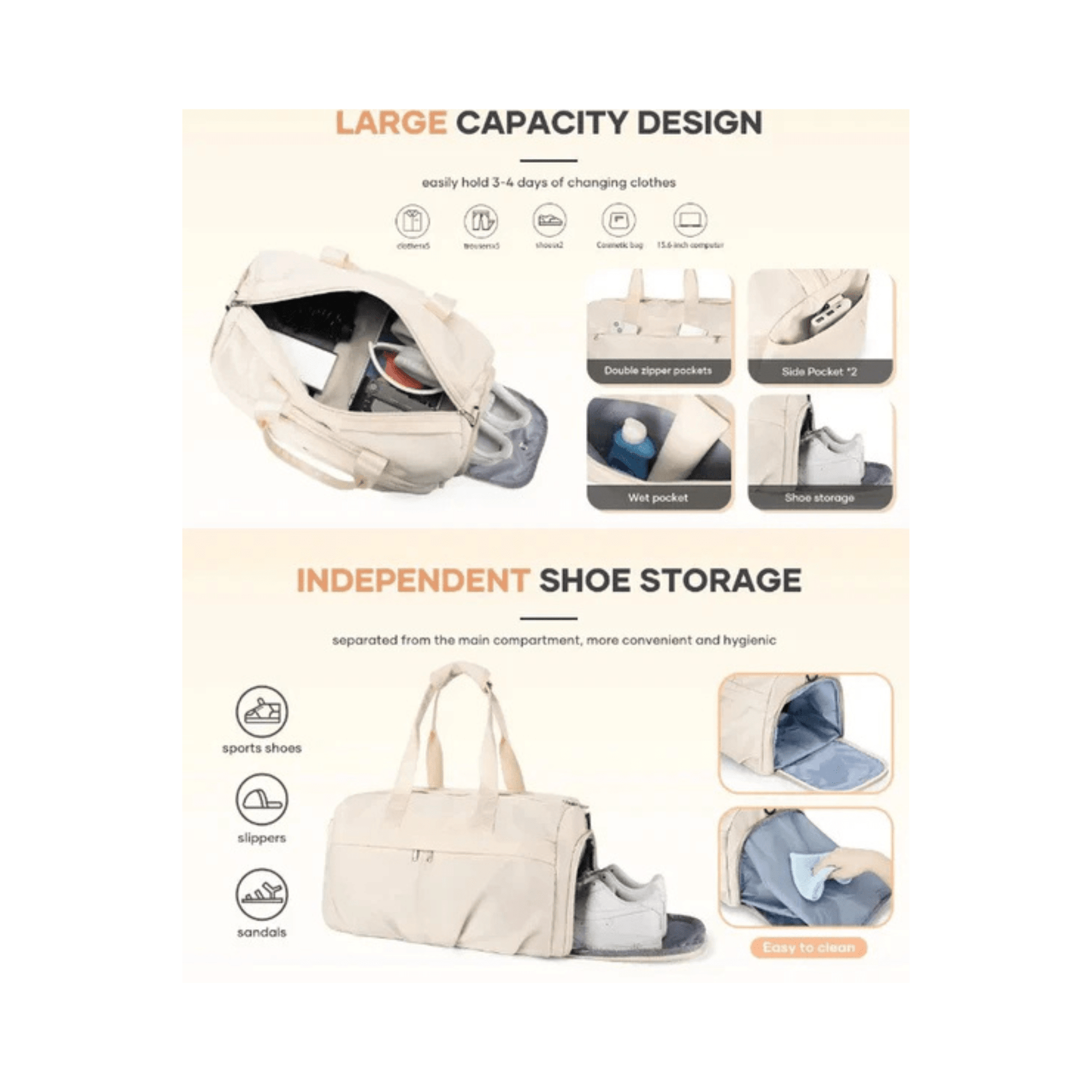 CarryQuest® - Weekendtas - Sporttas - Waterdicht Nylon - Georganiseerd en Stijlvol - Beige